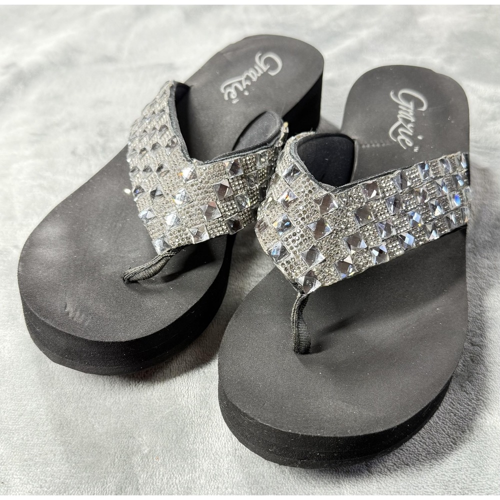 Grazie Sandals Womens Size 9 Black Wedge Thong Rhinestone Studded Flip Flop